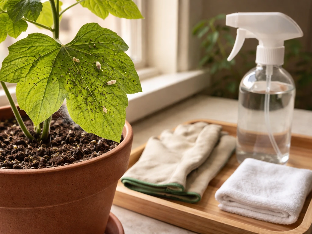 Close-up of a bitter gourd leaf underside with aphids/whiteflies and mites, next to pest-treatment items.