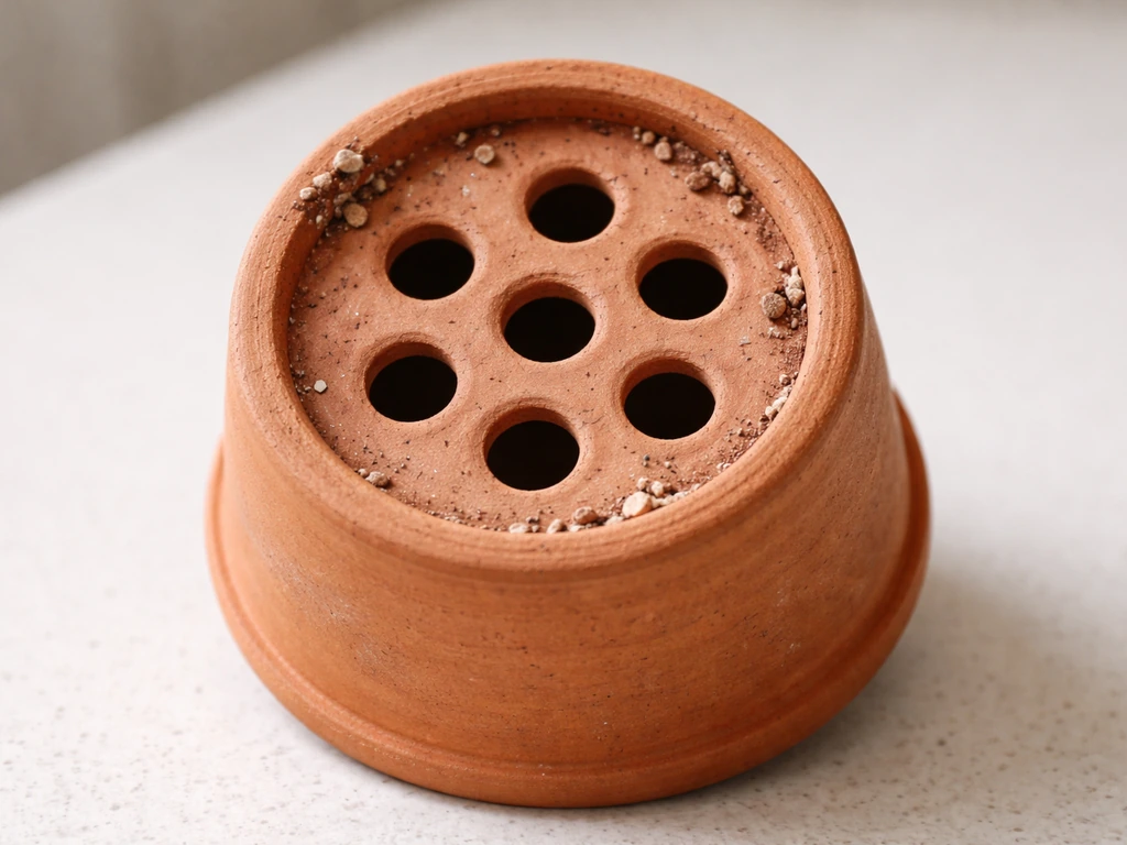 Terracotta plumeria pot on a simple surface, showing large drainage holes at the bottom for strong runoff.