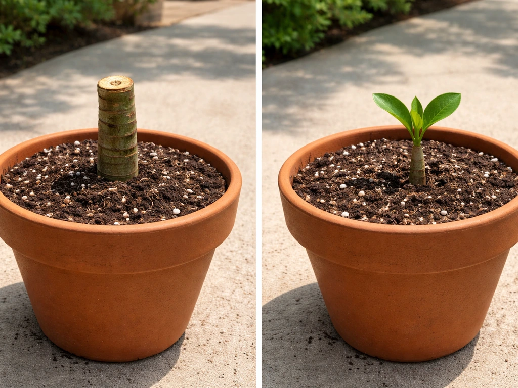Two close-up pot setups showing plumeria cuttings planted deeper vs seedlings spaced farther apart.