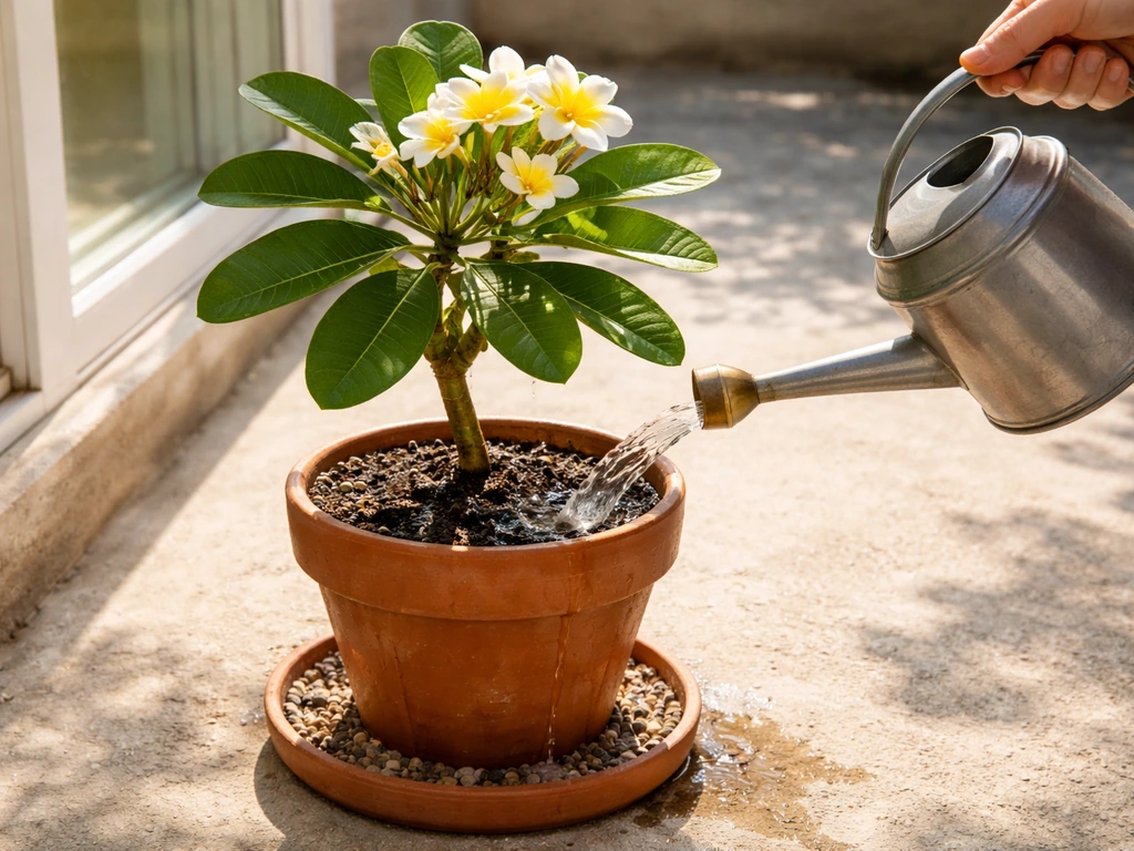 Sunlit plumeria in a terracotta pot being watered with a watering can, excess draining away.