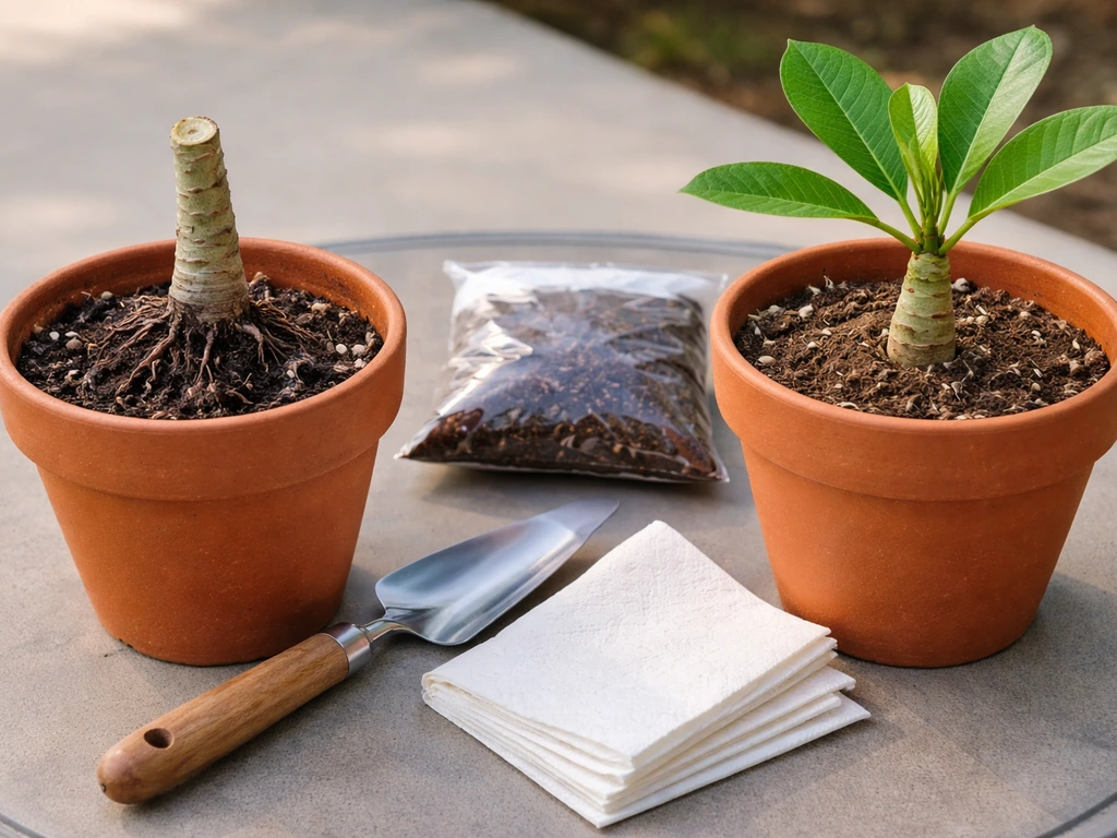 Side-by-side terracotta pots showing plumeria rot from overwatering versus a healthy dry setup with repotting tools.