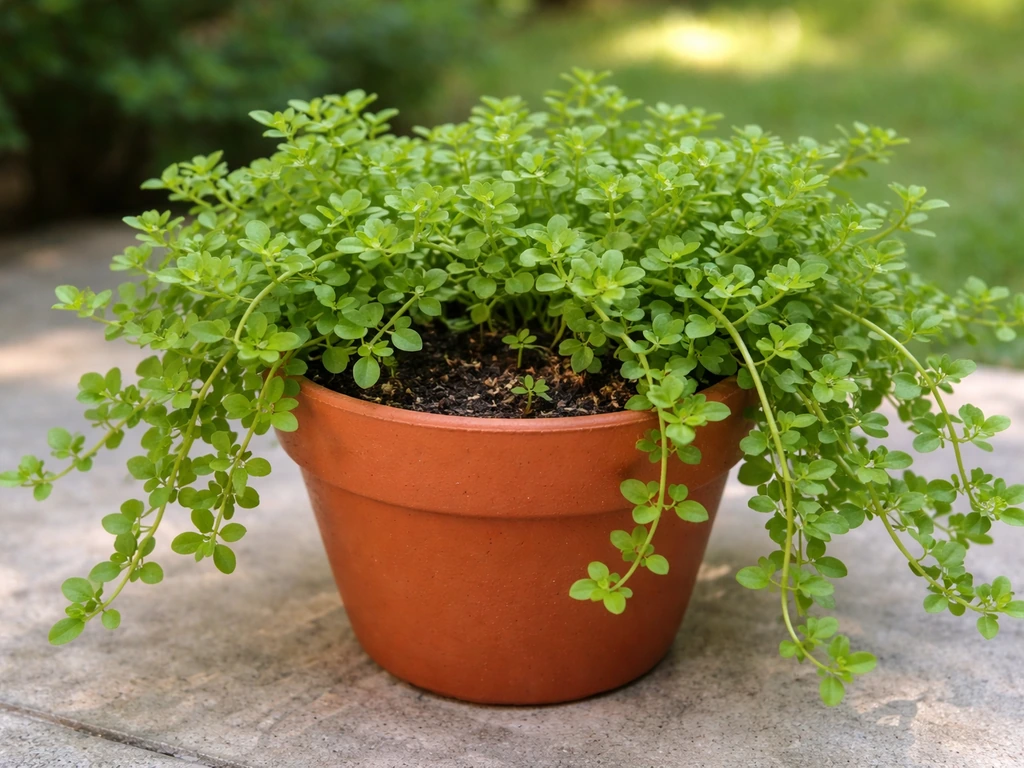 Lush trailing brahmi plant spilling from a clay pot on a patio, dense green leaves and natural spread.