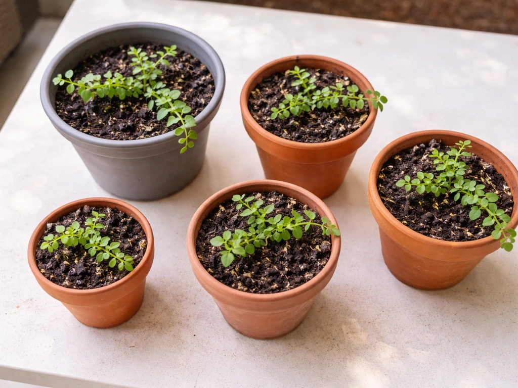 Top-down view of several terracotta and plastic pots with Bacopa monnieri plants in different sizes.