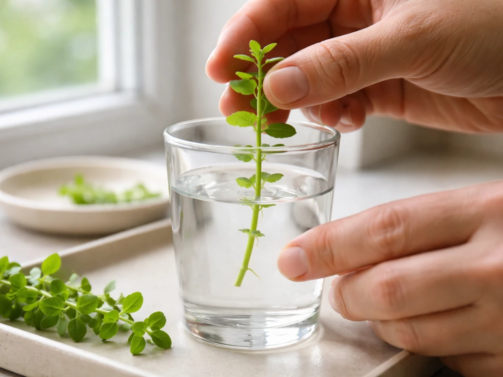 Anonymous hands place a stripped brahmi stem cutting into a clear glass of water on a windowsill.
