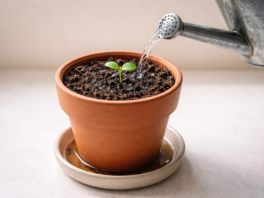 Watering can pouring water into a newly planted seedling in a pot with a saucer underneath.