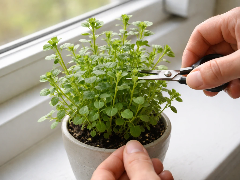Close-up of trimming brahmi stem tips in a pot, with new growth visible and cuttings removed.
