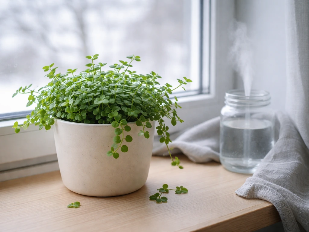Indoor brahmi plant near a bright window with a small humidity protection setup beside it.