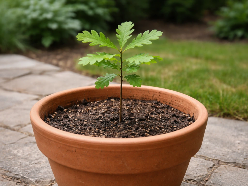 Small oak sapling growing in a large outdoor pot, emphasizing it can’t hold a mature tree’s full size.