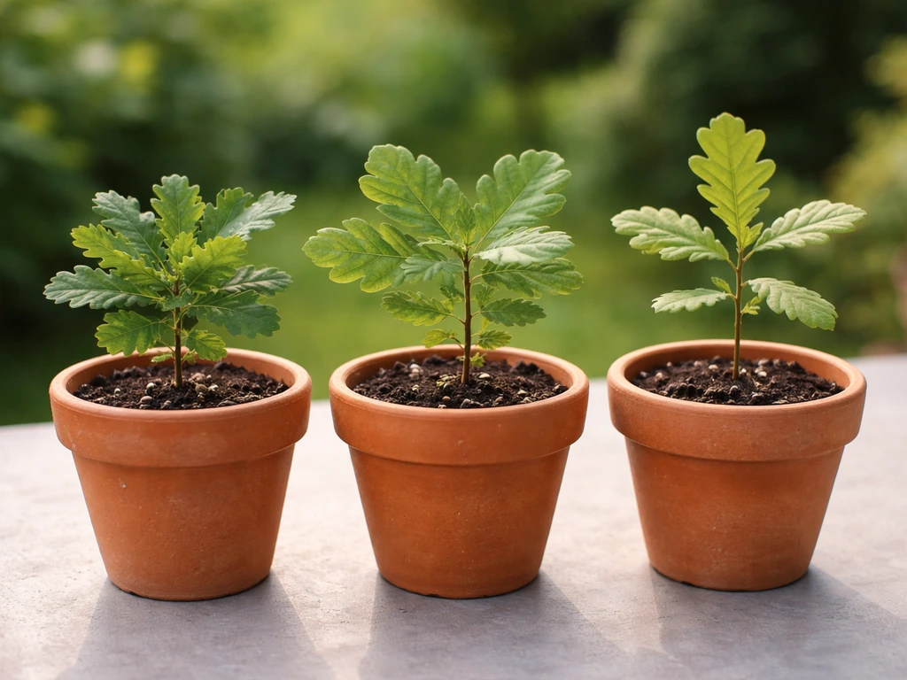 Three small potted oak seedlings side by side, illustrating compact container-friendly species