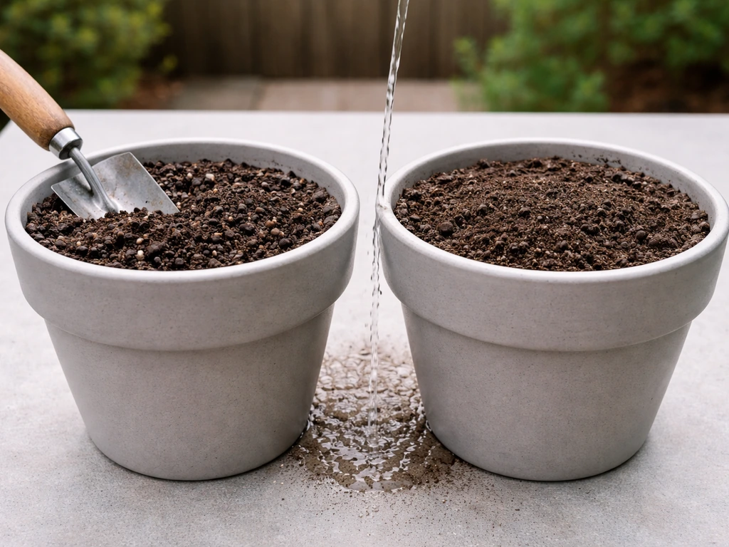 Two plant pots side-by-side showing proper potting mix versus compacted garden soil texture.