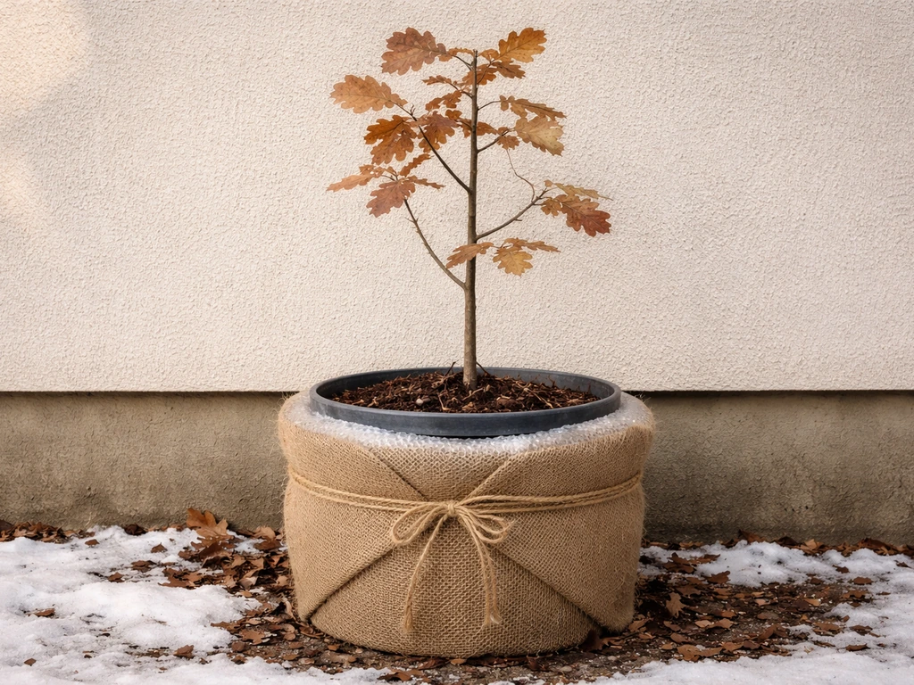 Potted oak protected for winter with insulation around the pot against a sheltered wall.