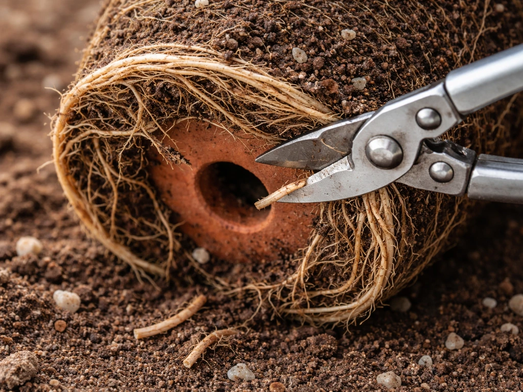Close-up of pruners trimming circling roots at the drainage end of a potted young oak.