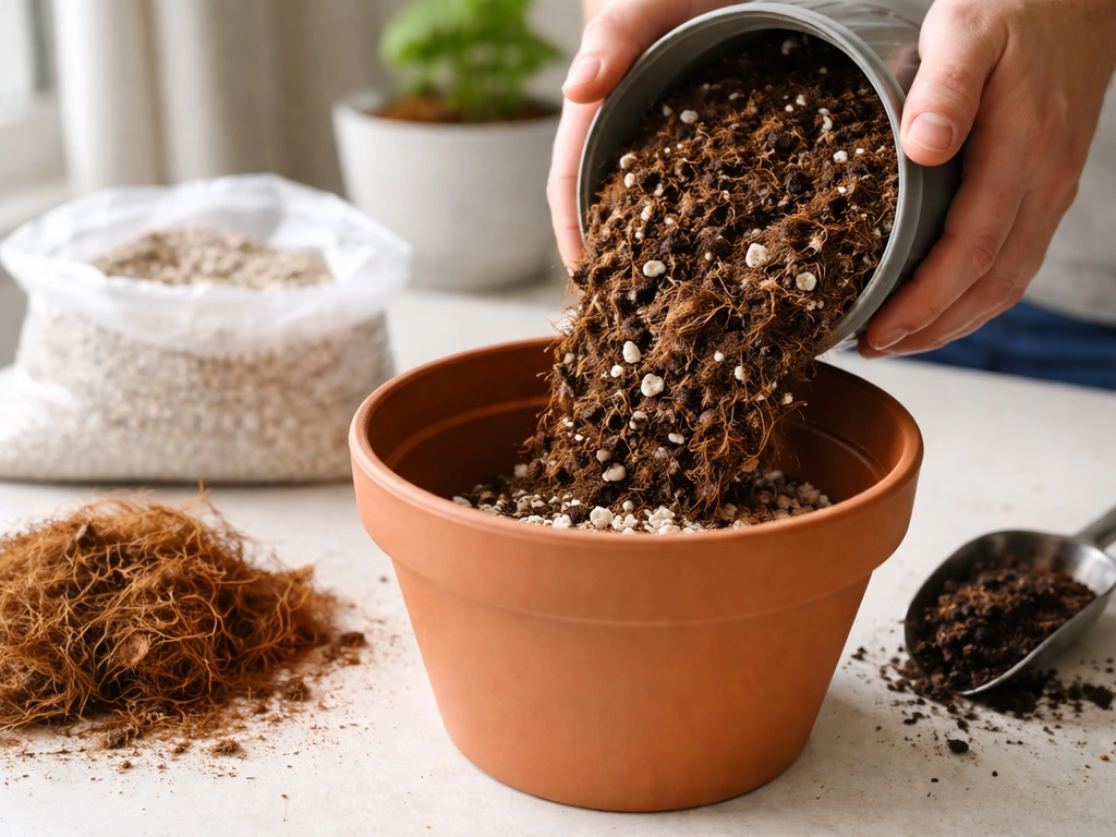 Loose DIY potting mix being poured into a container with visible drainage layer