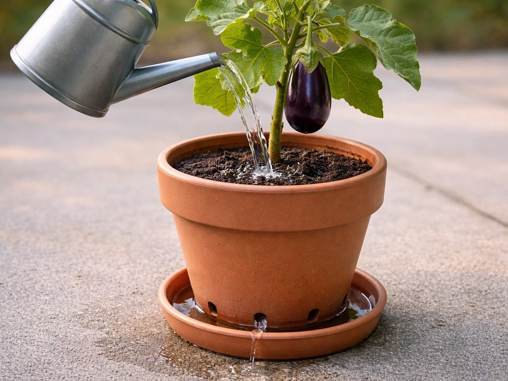 A watering can pours water into a container brinjal plant until runoff drains from the bottom.