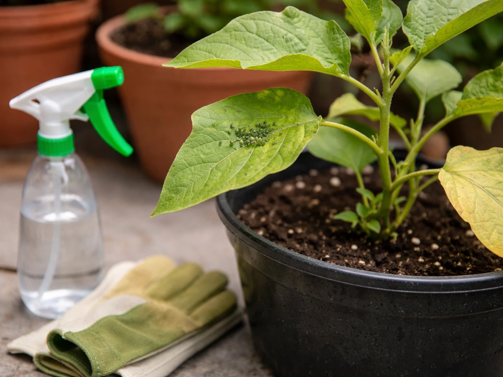 Close-up of eggplant leaves with aphid clusters and light leaf curling, plus a nearby spray bottle and gloves.