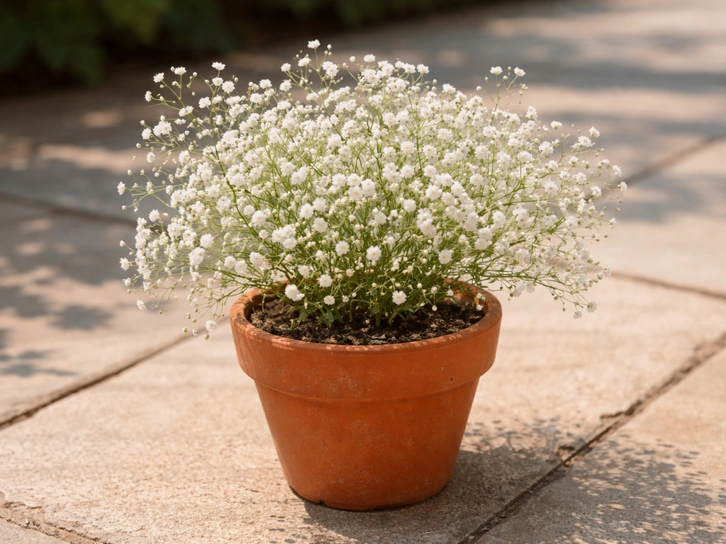 Potted baby’s breath in bloom on a sunny patio in a terracotta container.