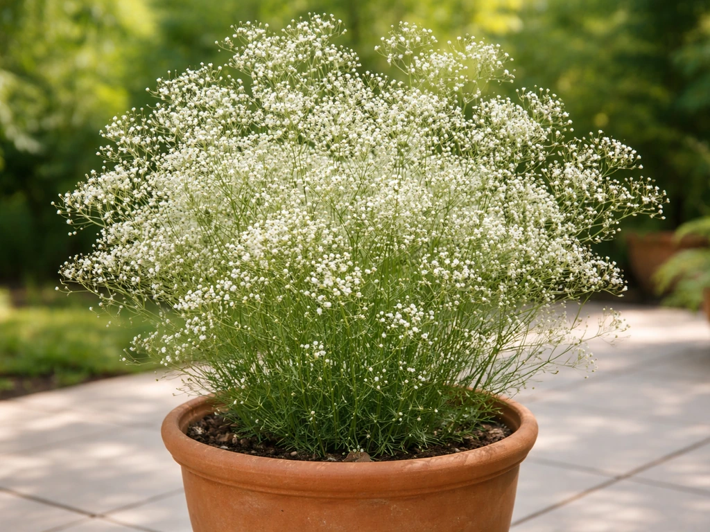 Healthy white gypsophila paniculata in a large terracotta pot, airy blooms and delicate stems in natural light.