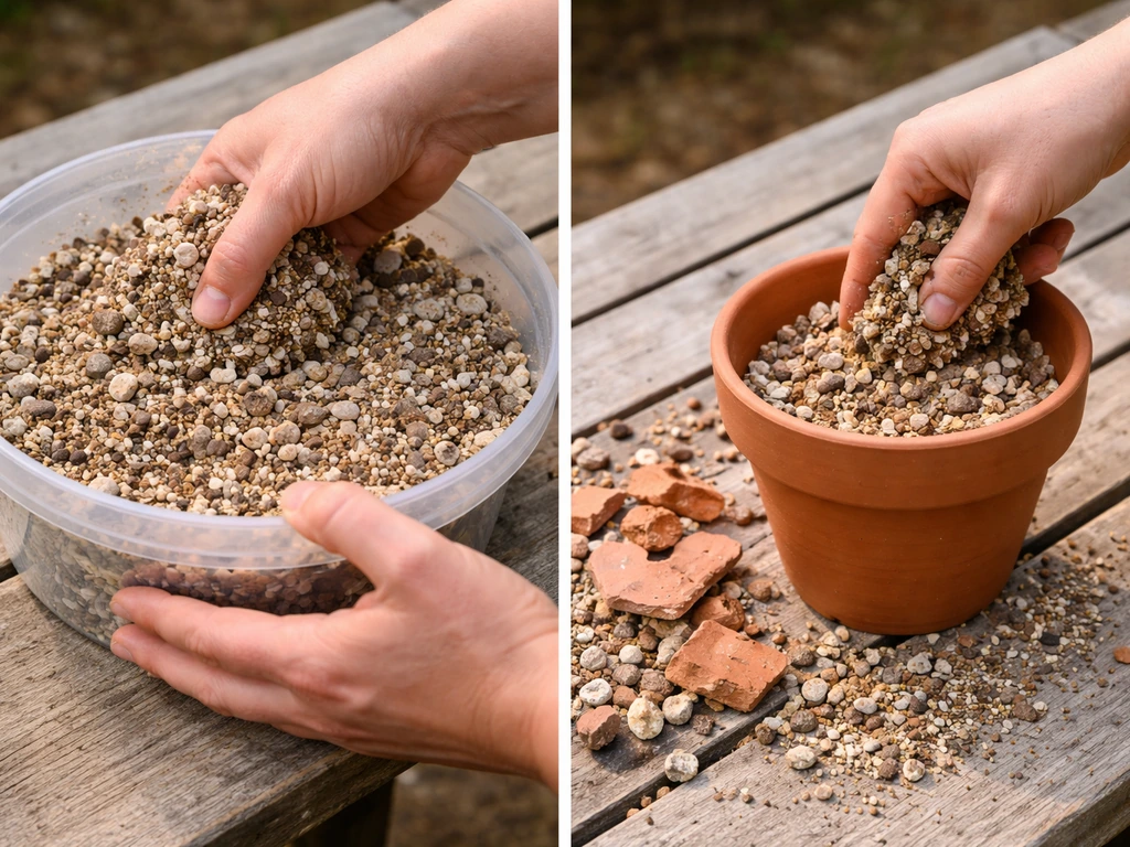 Hands mixing gritty soil and filling a container with coarse drainage materials