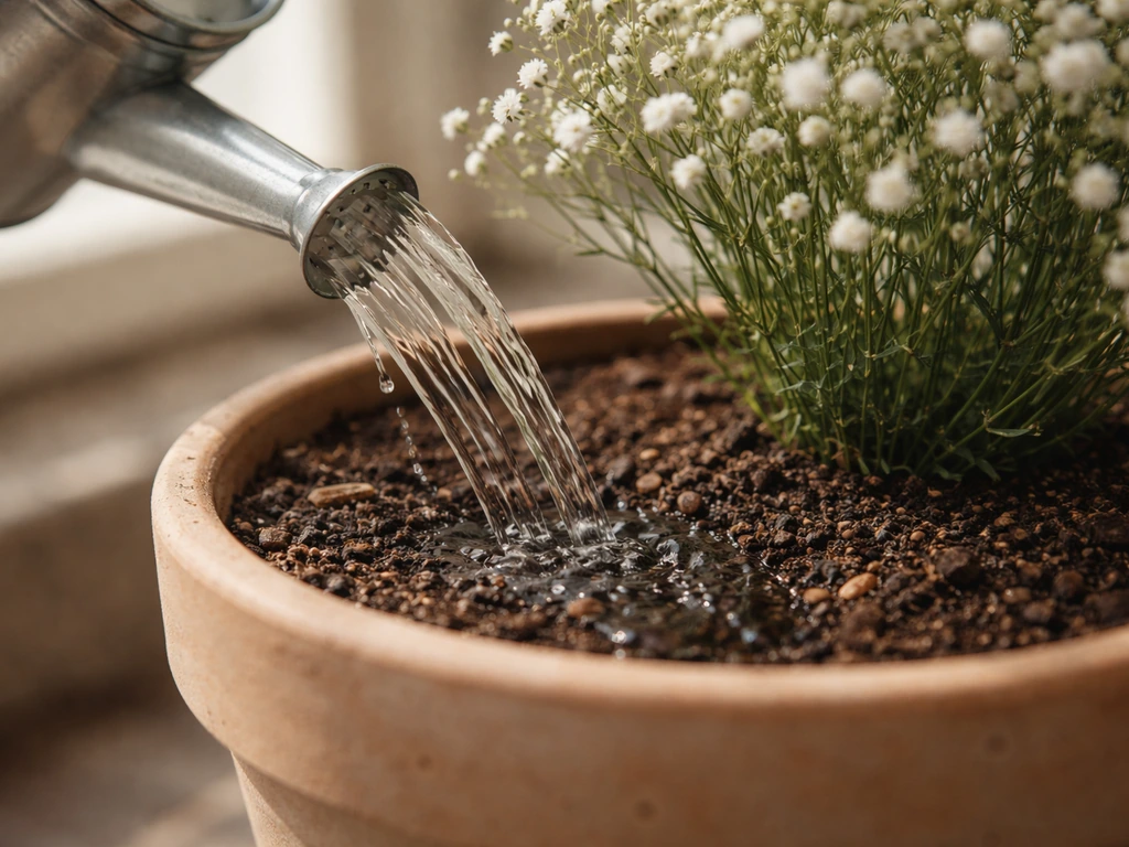 Close view of a watering can slowly watering a gypsophila pot, soil surface drying between waterings.