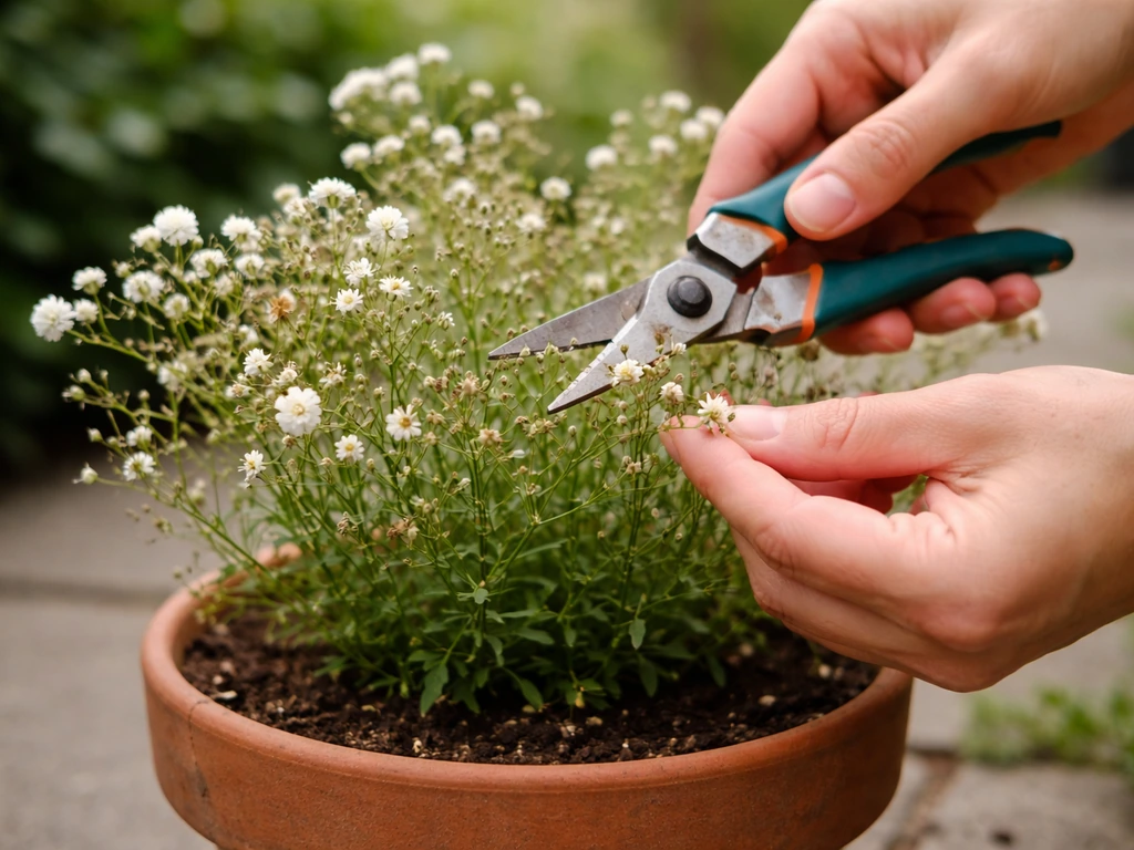 Gardening shears cutting back spent gypsophila flower stems as new buds begin to form on a potted plant.