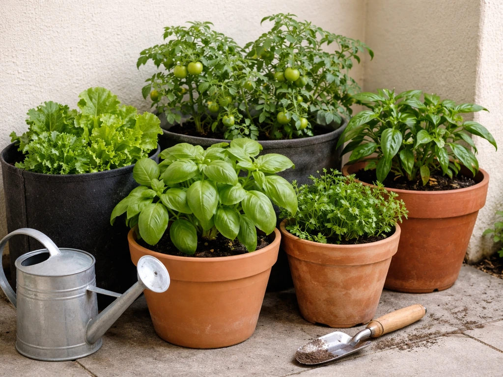 A cluster of pots with thriving herbs and small vegetables on a patio, showing a “full garden in containers” look.