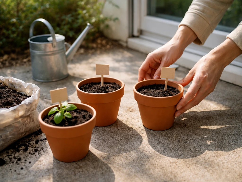 Sunlit patio with grouped terracotta pots showing light vs shade placement for a pot garden layout.