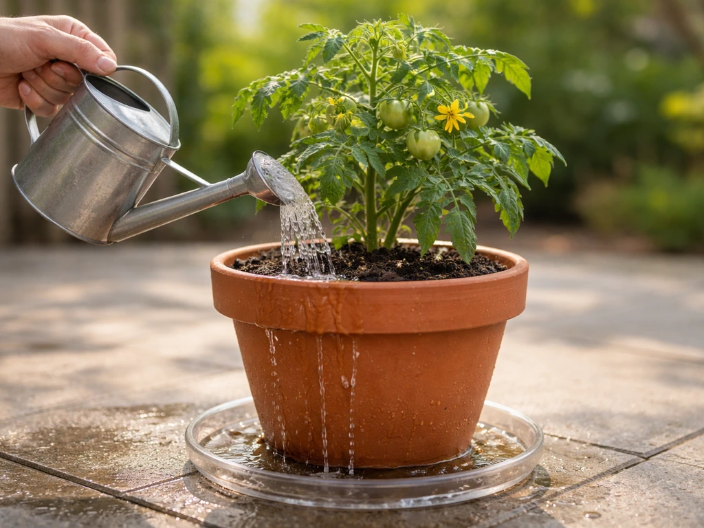 Hand watering a potted tomato plant with a watering can, excess draining into a tray.