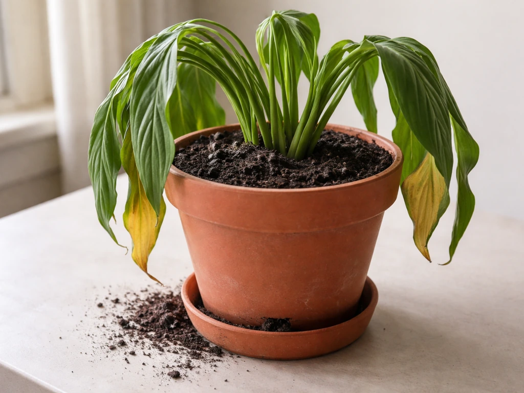 Potted plant showing wilted leaves beside a dark, wet potting soil and a clear drainage hole