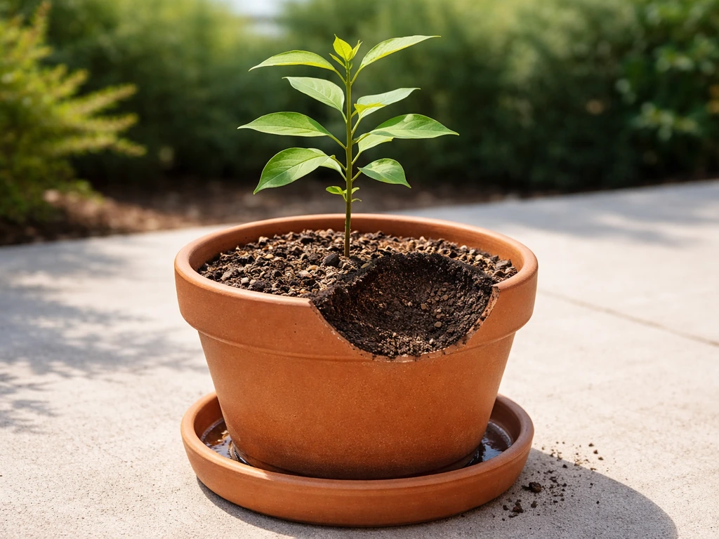 Small sandalwood sapling in a terracotta pot with visible soil depth and drainage tray in bright sun.