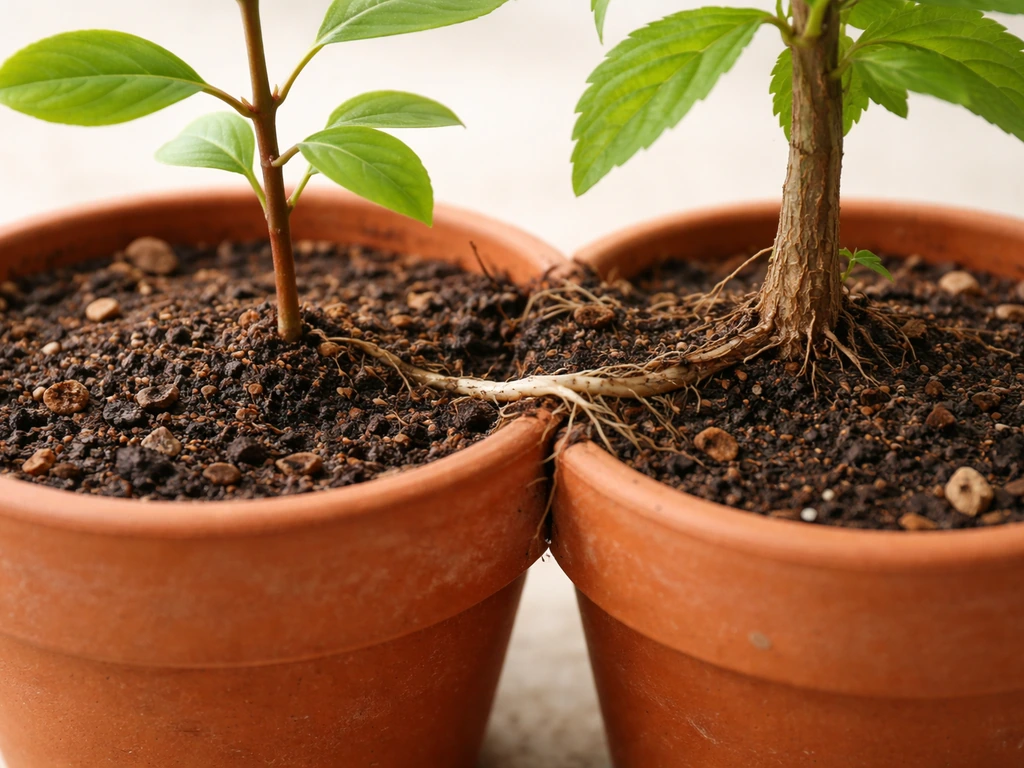 Potted sandalwood sapling next to a compatible host plant with subtle root contact in shared soil.