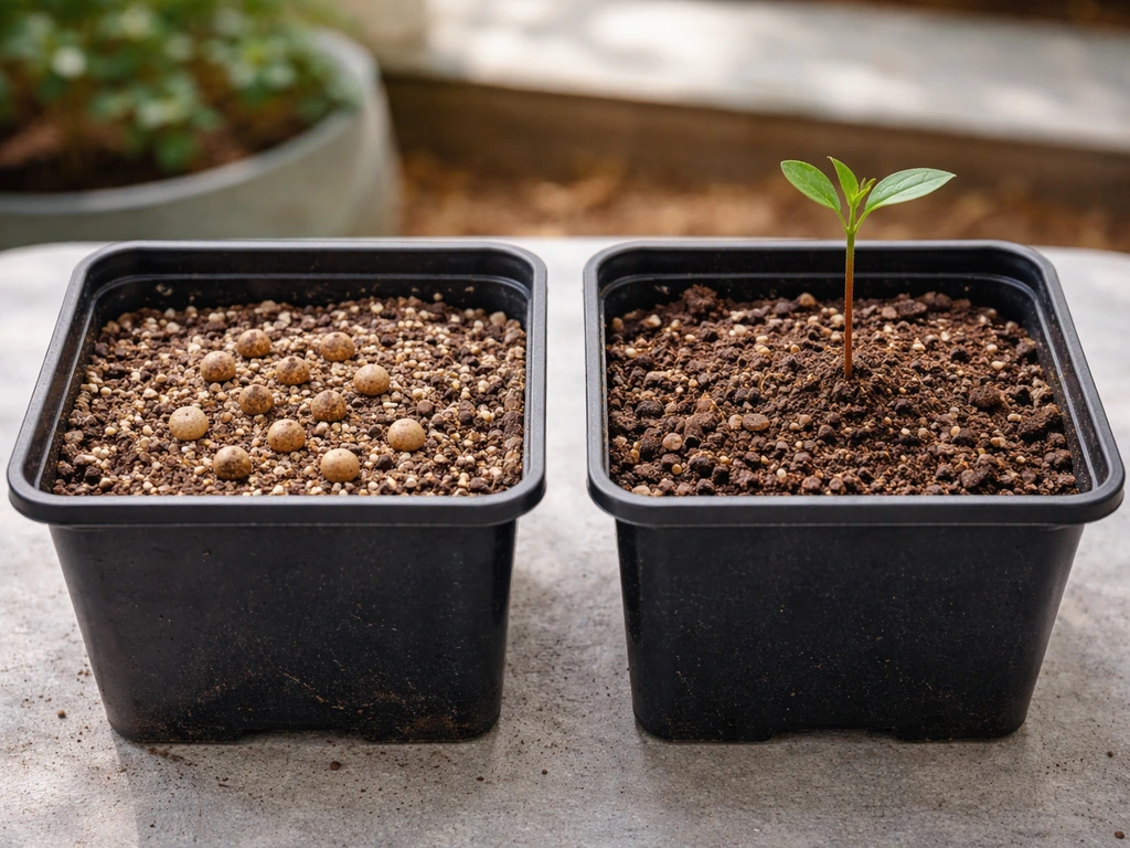 Side-by-side pots showing sandalwood seeds in soil versus a nursery-grown sandalwood seedling