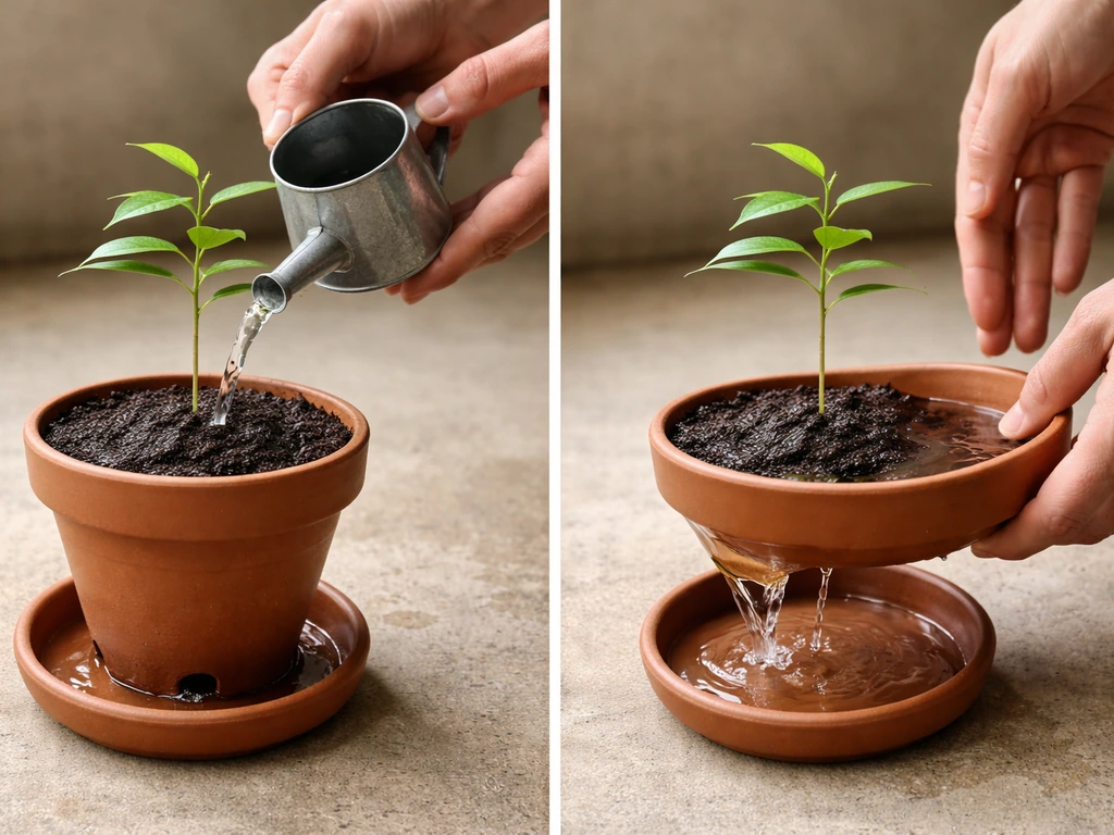 Hands pour water into a potted sandalwood as it drains from the bottom into a tray.