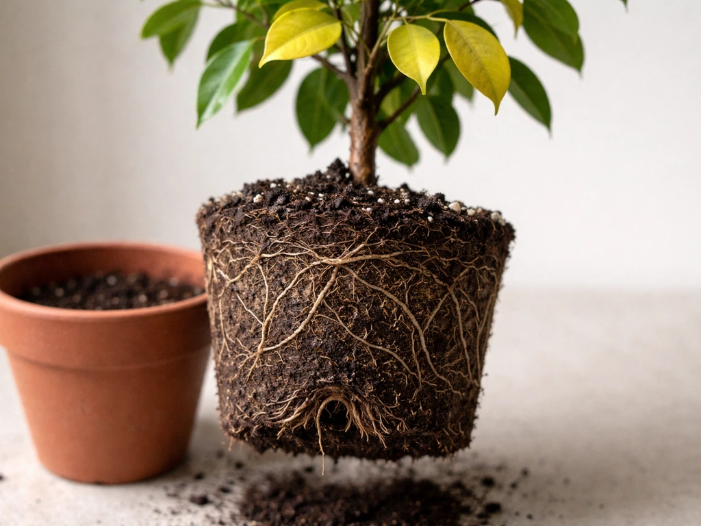 Close-up of potted plant with yellow leaves, lifted from its pot to show circling roots and damp soil.