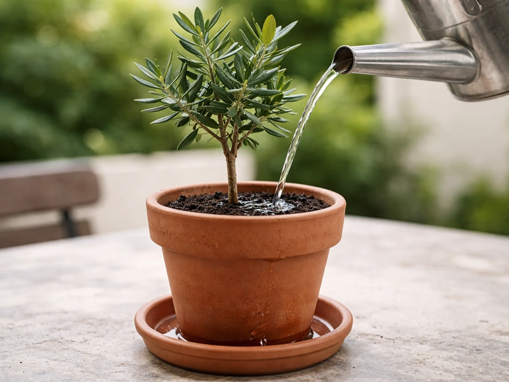 Watering a small potted olive tree as water soaks the soil and drains from the pot’s bottom.