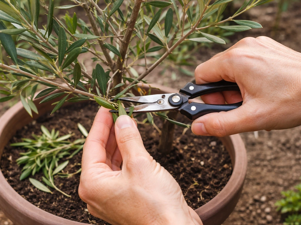 Hands pruning a potted olive, removing small crossing shoots for better airflow shaping