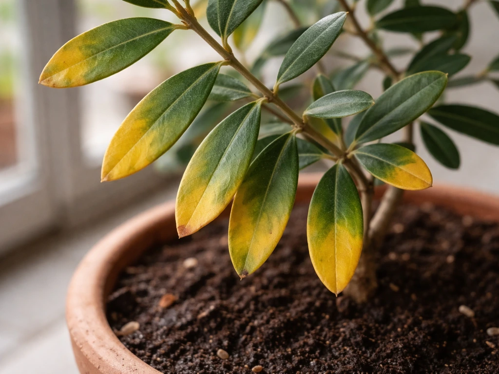 Close-up of an olive plant with yellowing leaves and slightly damp soil in a pot