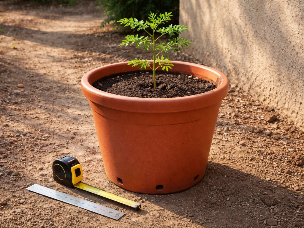 Large deep terracotta pot with a small moringa plant on sunny outdoor soil, with simple size cues nearby.