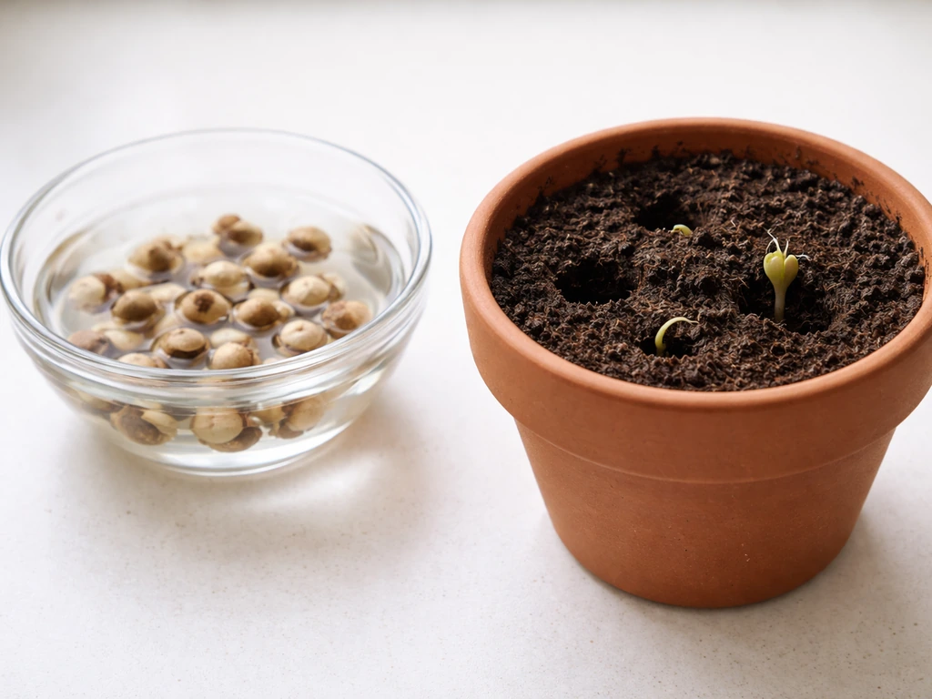 Warm kitchen counter with moringa seeds soaking and a small pot showing a seedling emerging