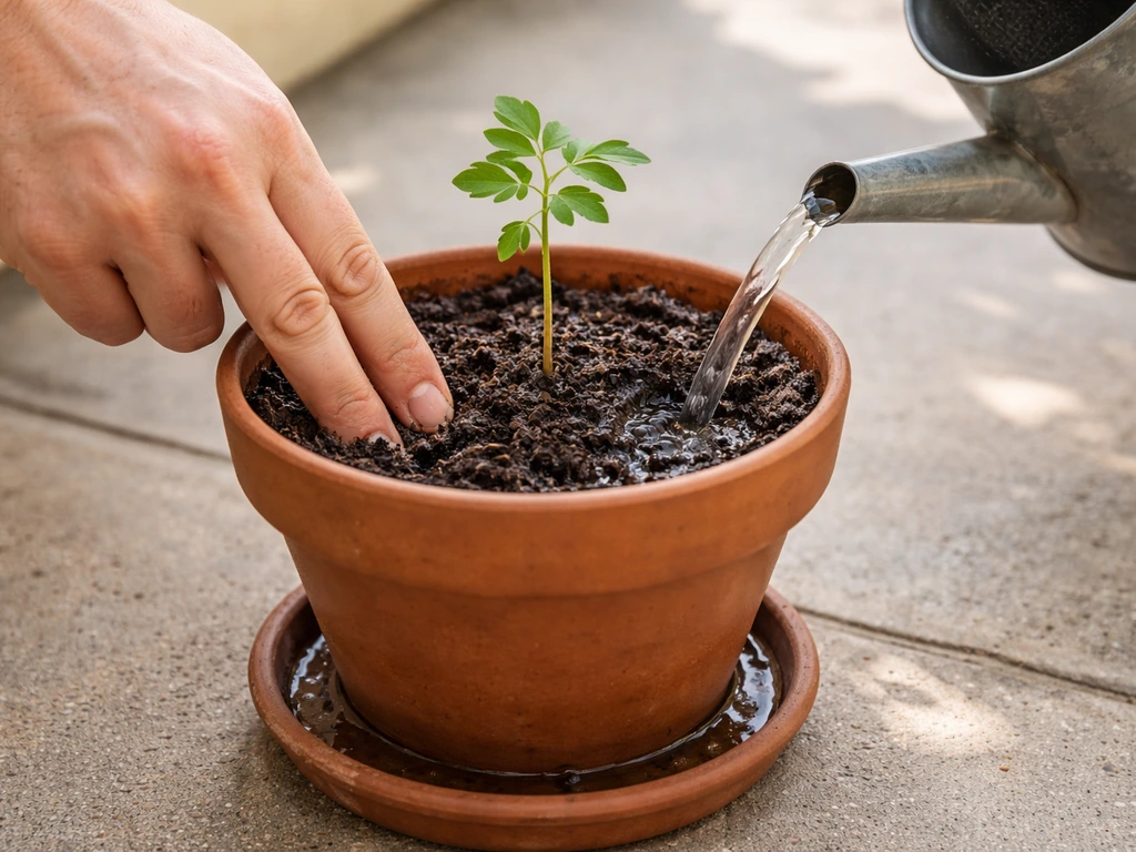 Hand checking top soil moisture in a moringa container, with gentle watering stream and runoff below.
