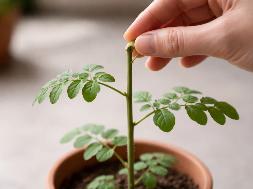 Close-up of a potted moringa with a fresh pruning pinch/cut on the main stem for branching.