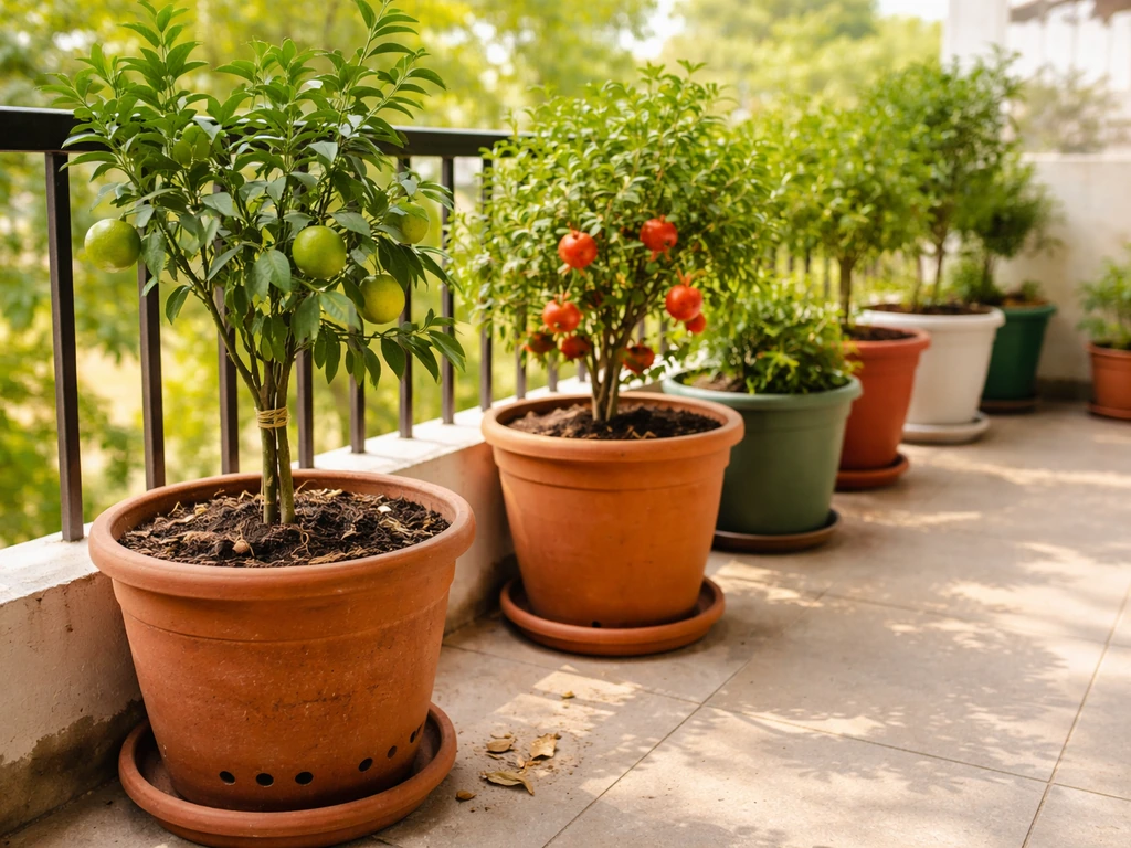 Sunny Indian balcony with healthy potted citrus and pomegranate plants, drainage holes visible, lush green foliage.