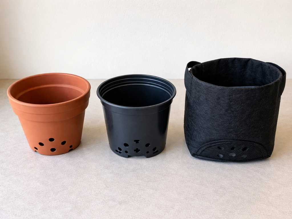 Three fruit-container pot types—terracotta, plastic, and a grow bag—with visible drainage holes.