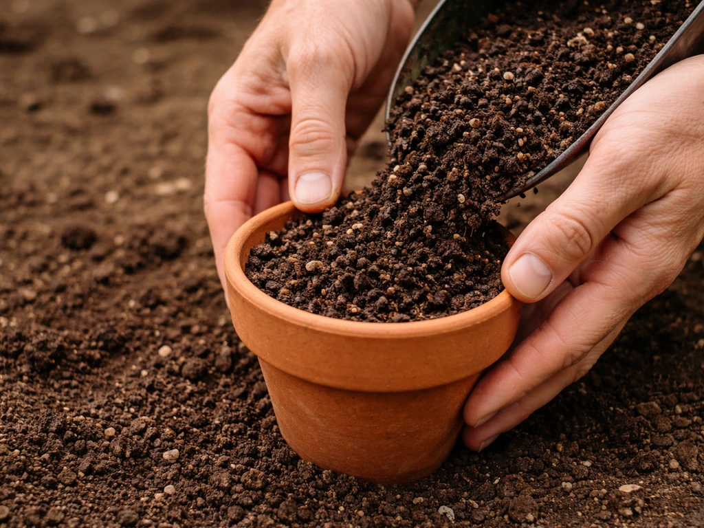 Hands adding potting mix and compost to a clay fruit pot on the ground.