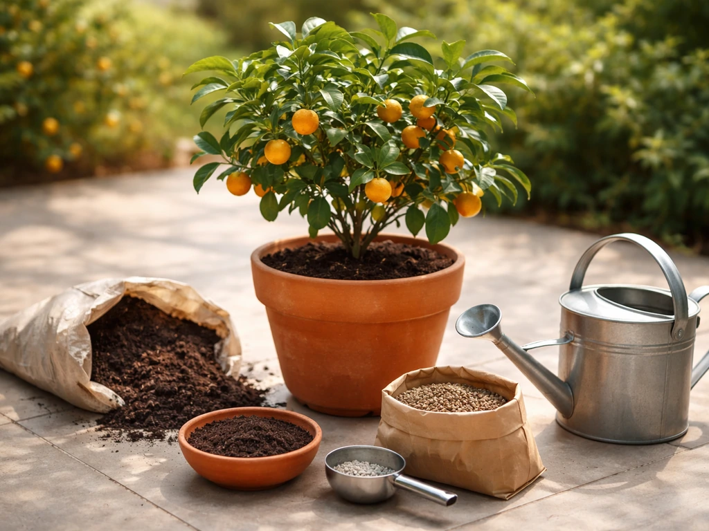 Fertiliser ingredients and tools laid beside a potted fruit plant in natural light.