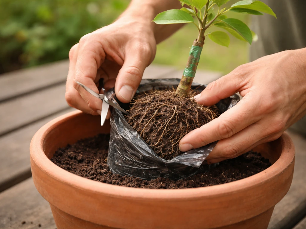 Hands cut away a nursery bag, tease roots, and set a grafted sapling into a pot at correct depth.