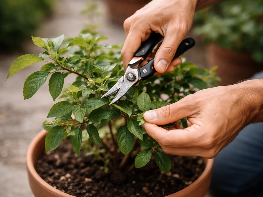 Hands pruning a container-grown fruit plant canopy with pruners, shaping branches for fruiting