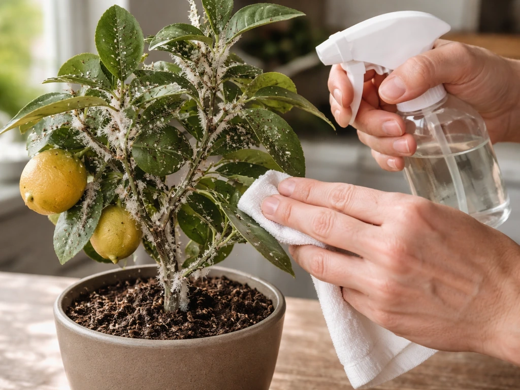 Gardener spraying an organic treatment on a potted fruit plant with visible mealybugs and scale on stems.