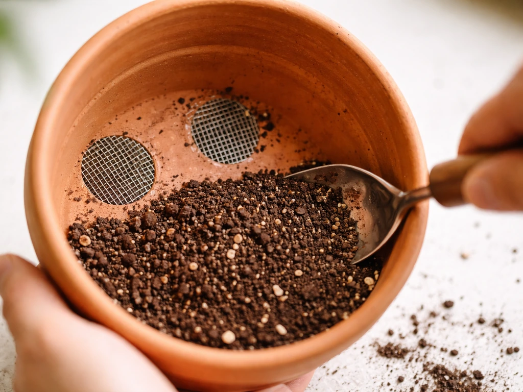 Close-up of a container pot with drainage holes covered in mesh and fresh potting mix being prepared.