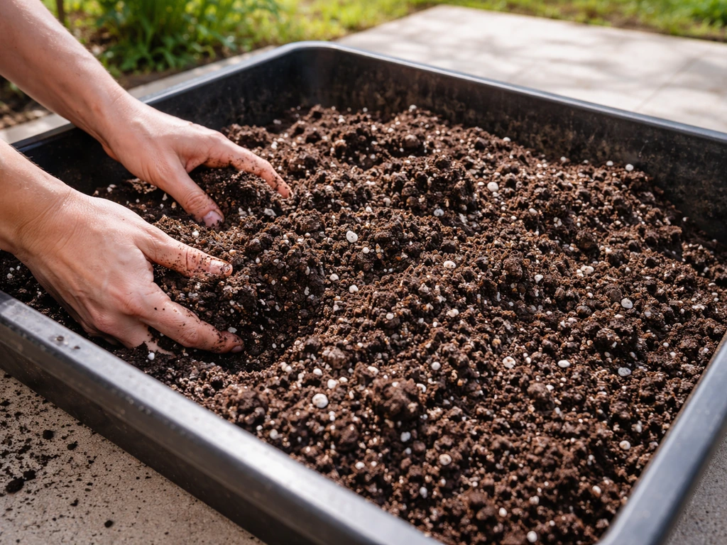 Tray of light potting mix with visible perlite/pumice and compost, being stirred for a well-draining mix.