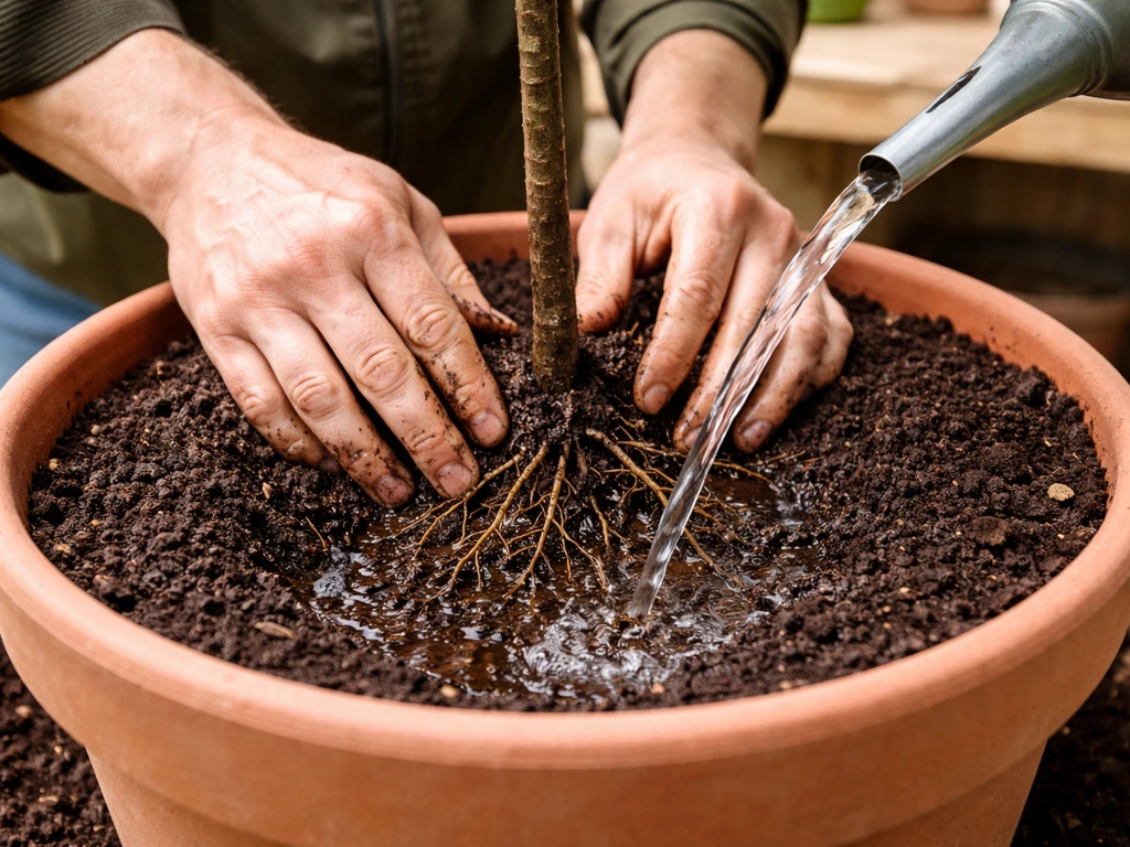 Hands placing a bare-root or nursery tree in a pot, soil backfilled and watered in.